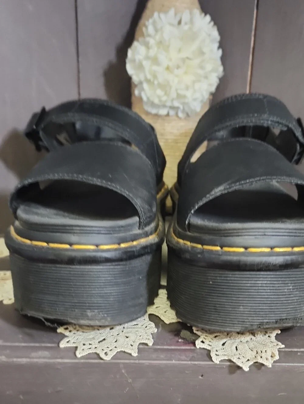 Dr. Martens Black Platform Sandals with Yellow Stitching